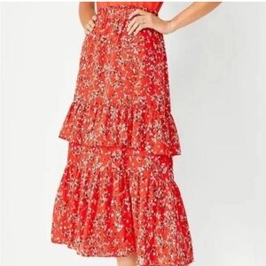 NWT Ann Taylor Loft Red Tiered Ruffle Floral Skirt Size MP Medium Petite
